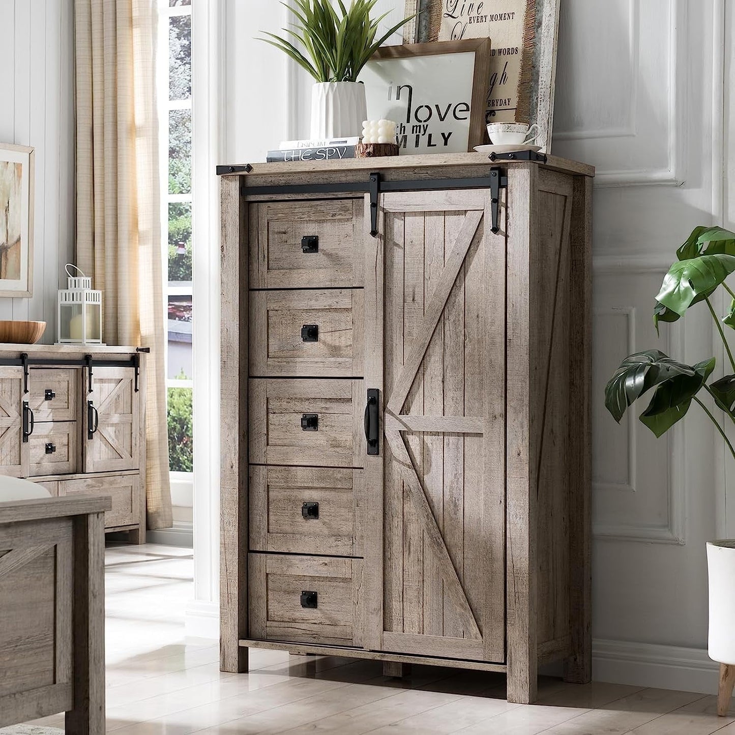 Modern Minimalist 5-Drawer Dresser w/ Adjustable Tier-3 Shelf