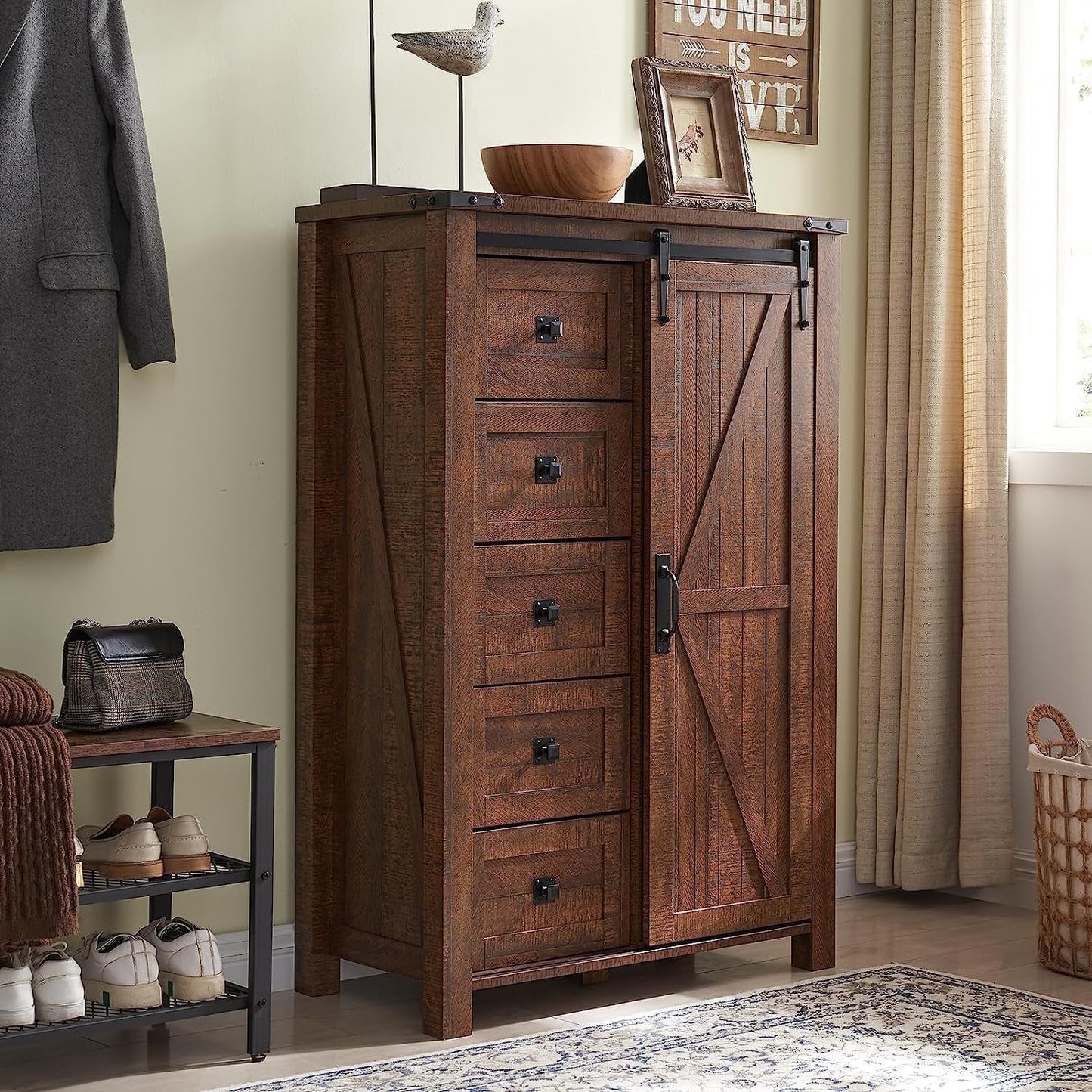 Modern Minimalist 5-Drawer Dresser w/ Adjustable Tier-3 Shelf