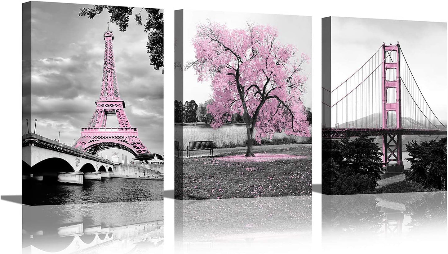 Pink Tree Paris Eiffel Tower Golden Gate Bridge Wall Art