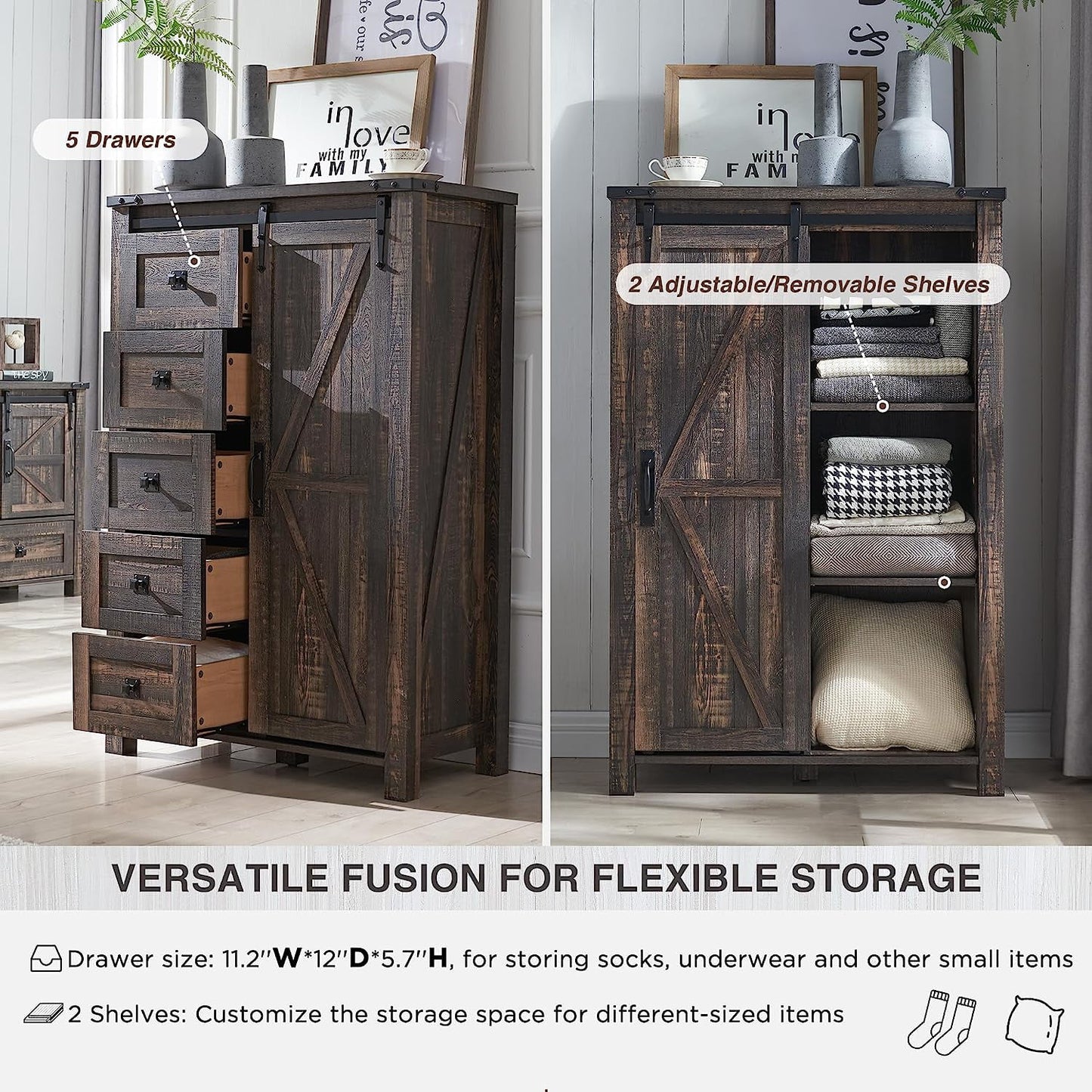 Modern Minimalist 5-Drawer Dresser w/ Adjustable Tier-3 Shelf