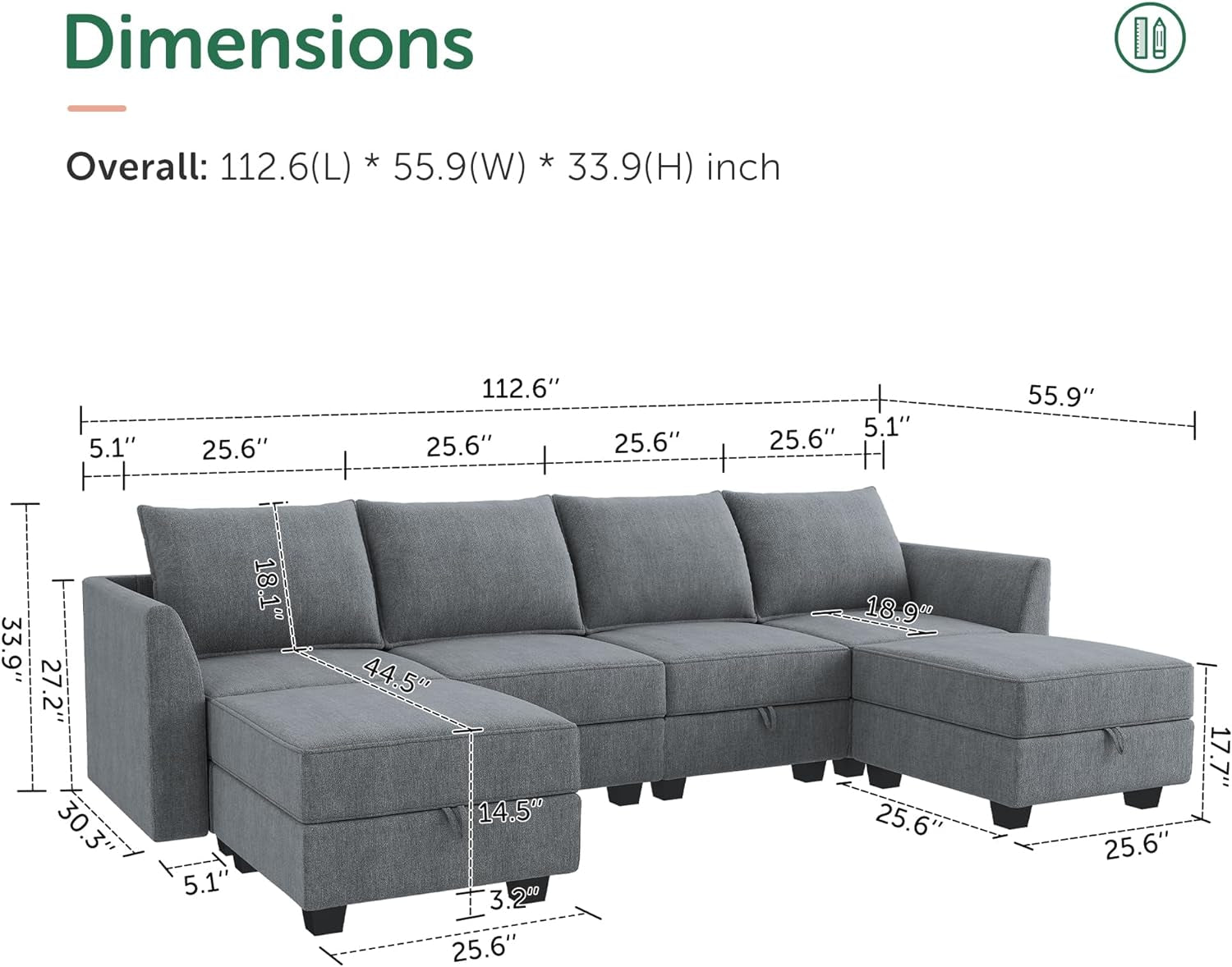 High-End U-Shaped Reversible Modular Couch w/ Storage