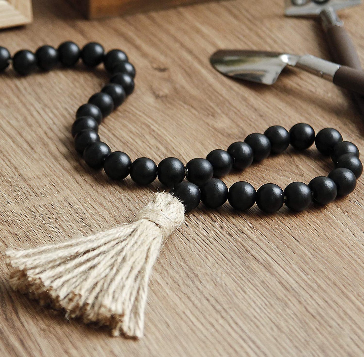 58" Natural Wood Beads Garland w/ Jute Tassel