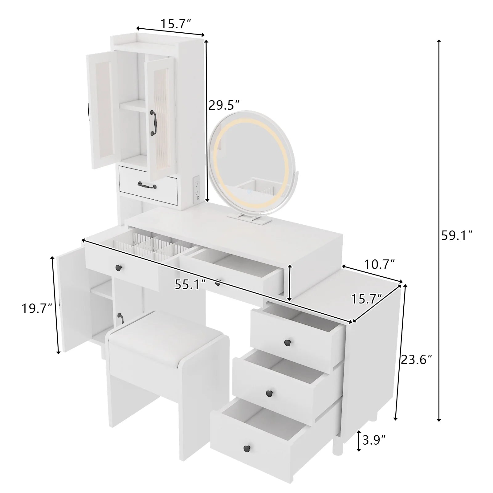 Luxury Living Vanity Desk w/ 3-Light Setting Mirror + Power Outlets