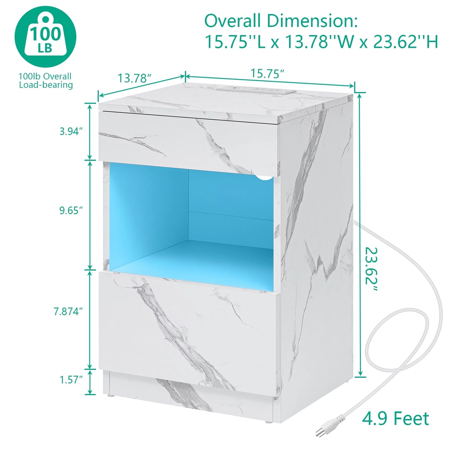 15" Minimalist Modern Nightstand w LED + Charging Station