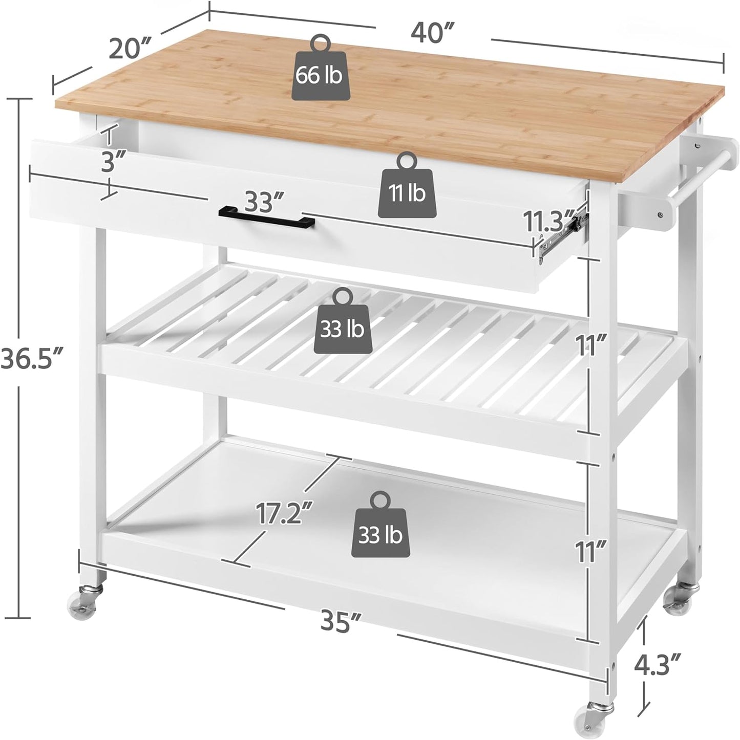 40" 3-Tier Elegant Rolling Kitchen Island w/ Drawer