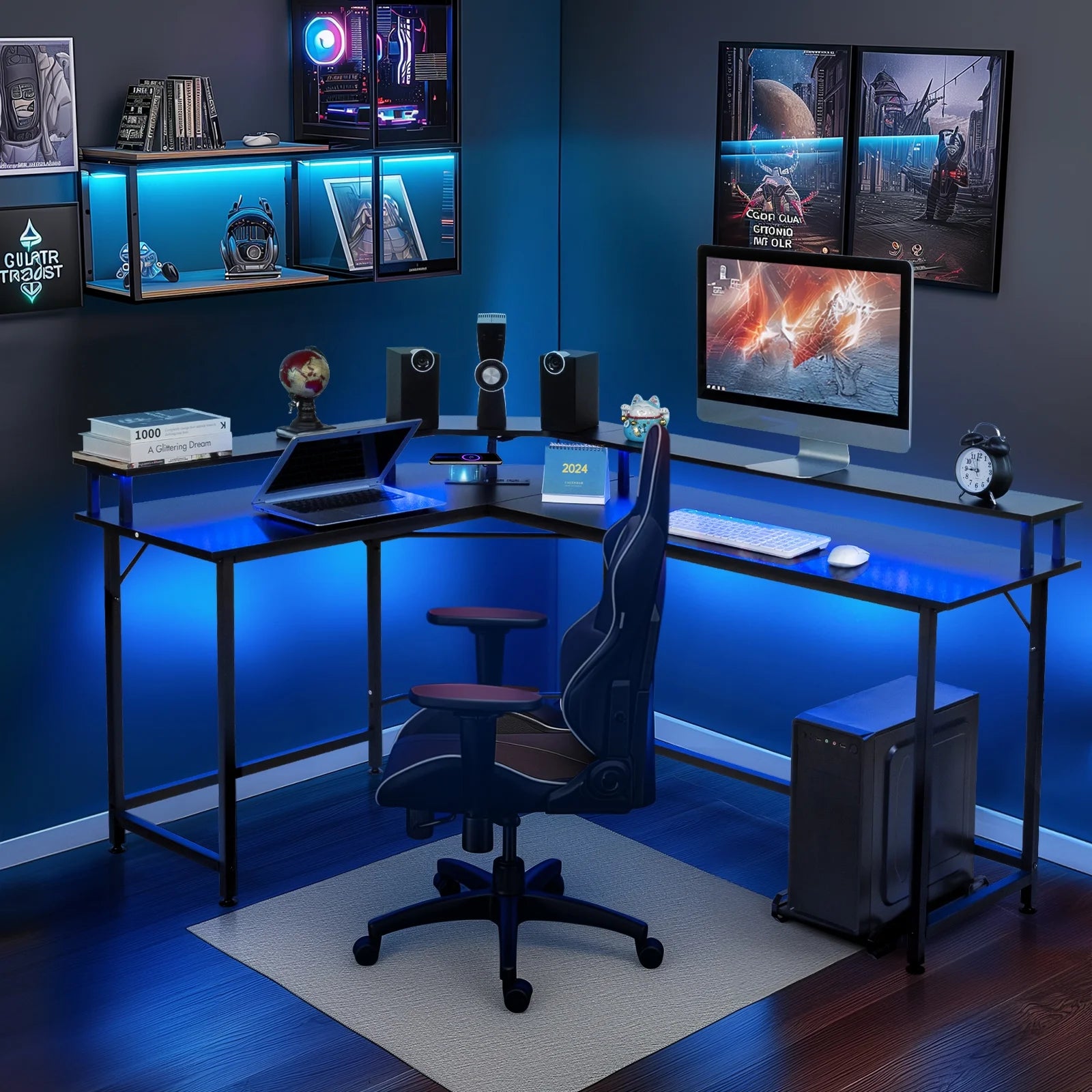 L-Shaped Versatile Desk w/ Wireless Charging & Power Outlet + LED