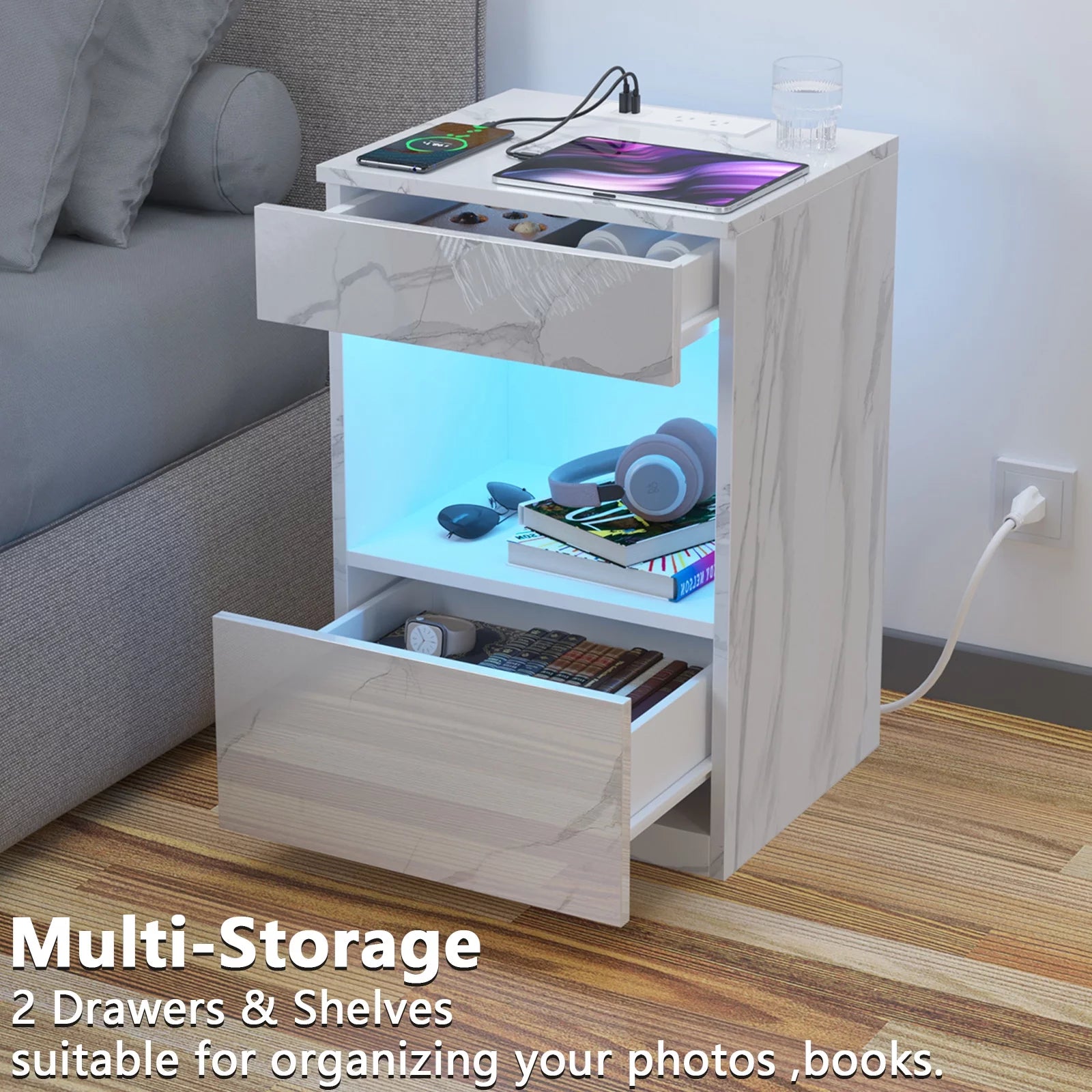 15" Minimalist Modern Nightstand w LED + Charging Station