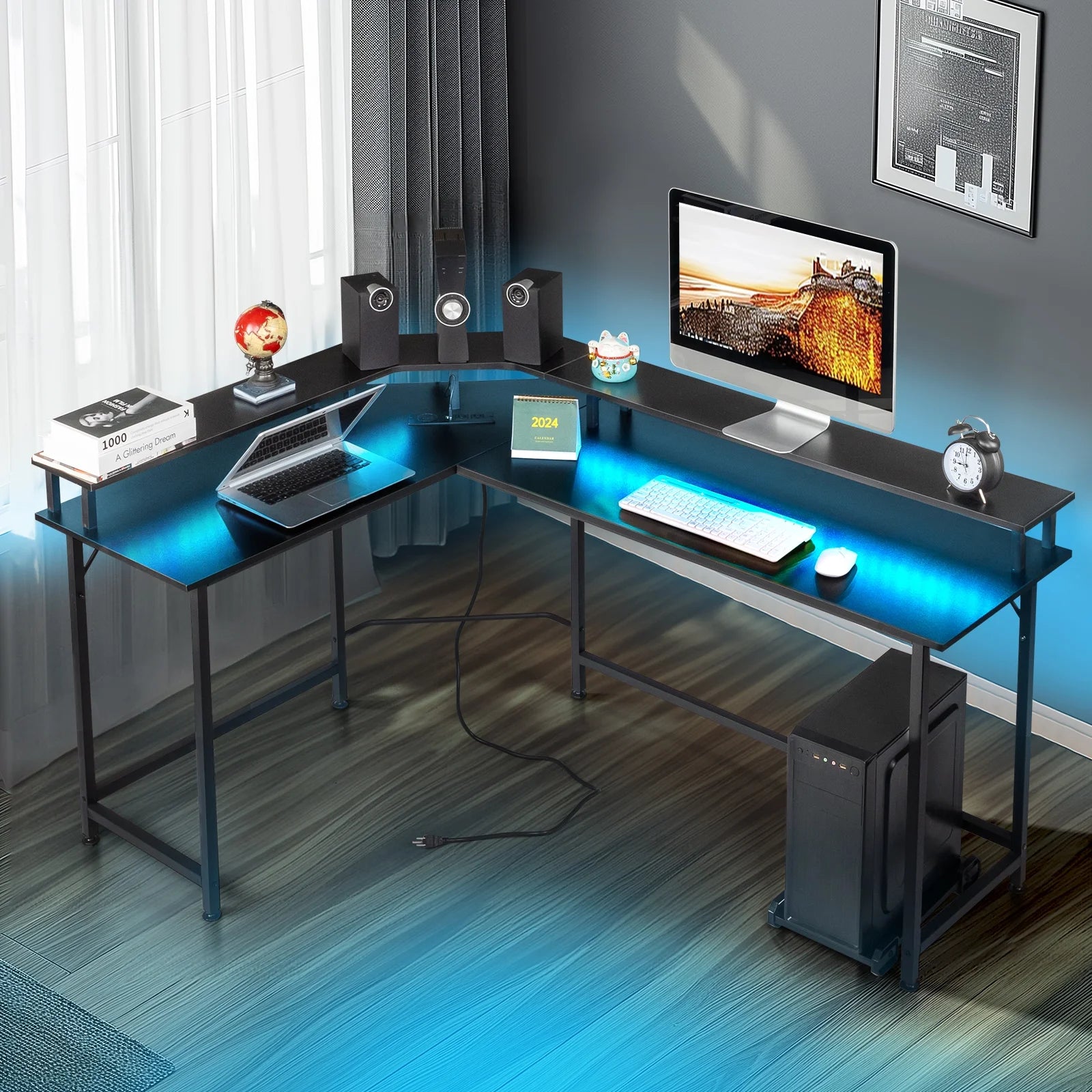 L-Shaped Versatile Desk w/ Wireless Charging & Power Outlet + LED