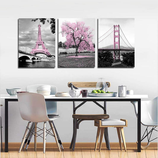 Pink Tree Paris Eiffel Tower Golden Gate Bridge Wall Art