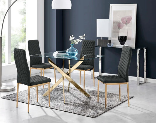 5-Piece Glass Dining Table w/ 4 Luxury Faux Leather Dining Chairs