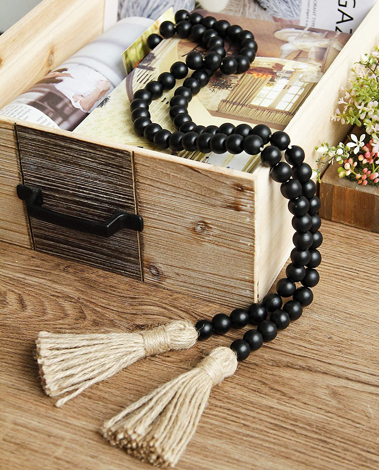 58" Natural Wood Beads Garland w/ Jute Tassel