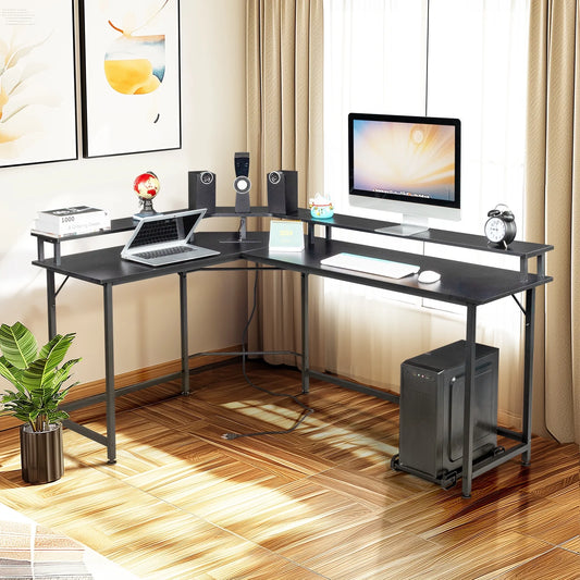 L-Shaped Versatile Desk w/ Wireless Charging & Power Outlet + LED