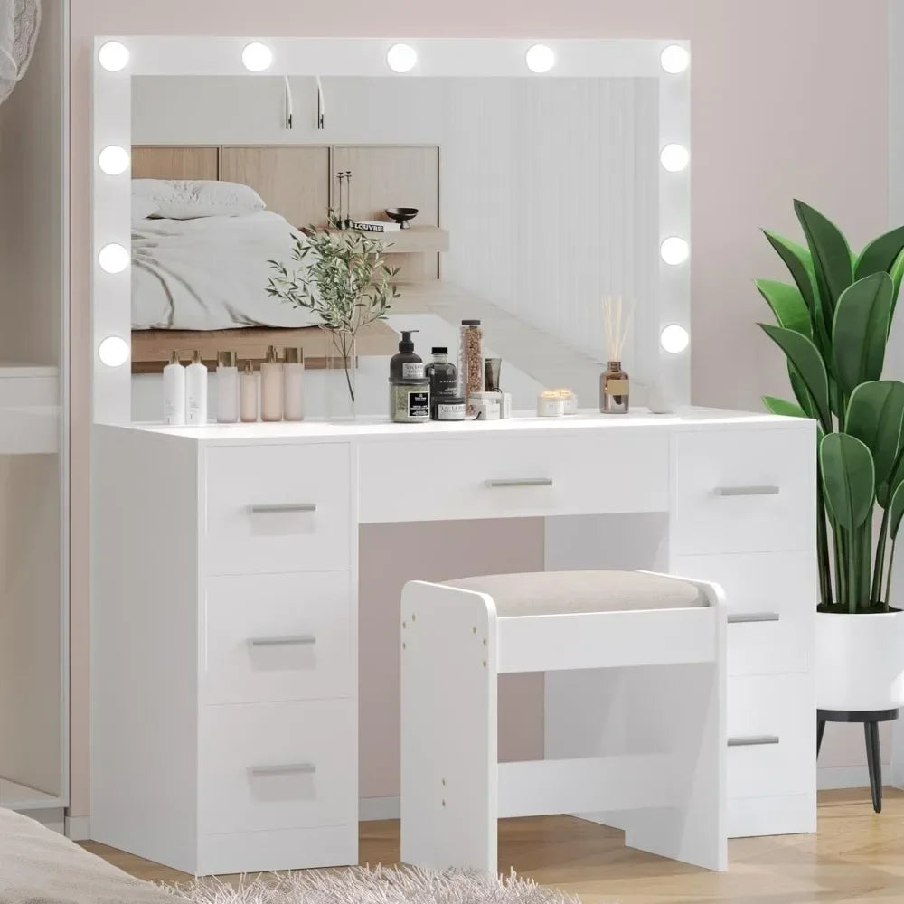 Minimalist Modern Vanity Desk w/ LED Mirror + Dresser