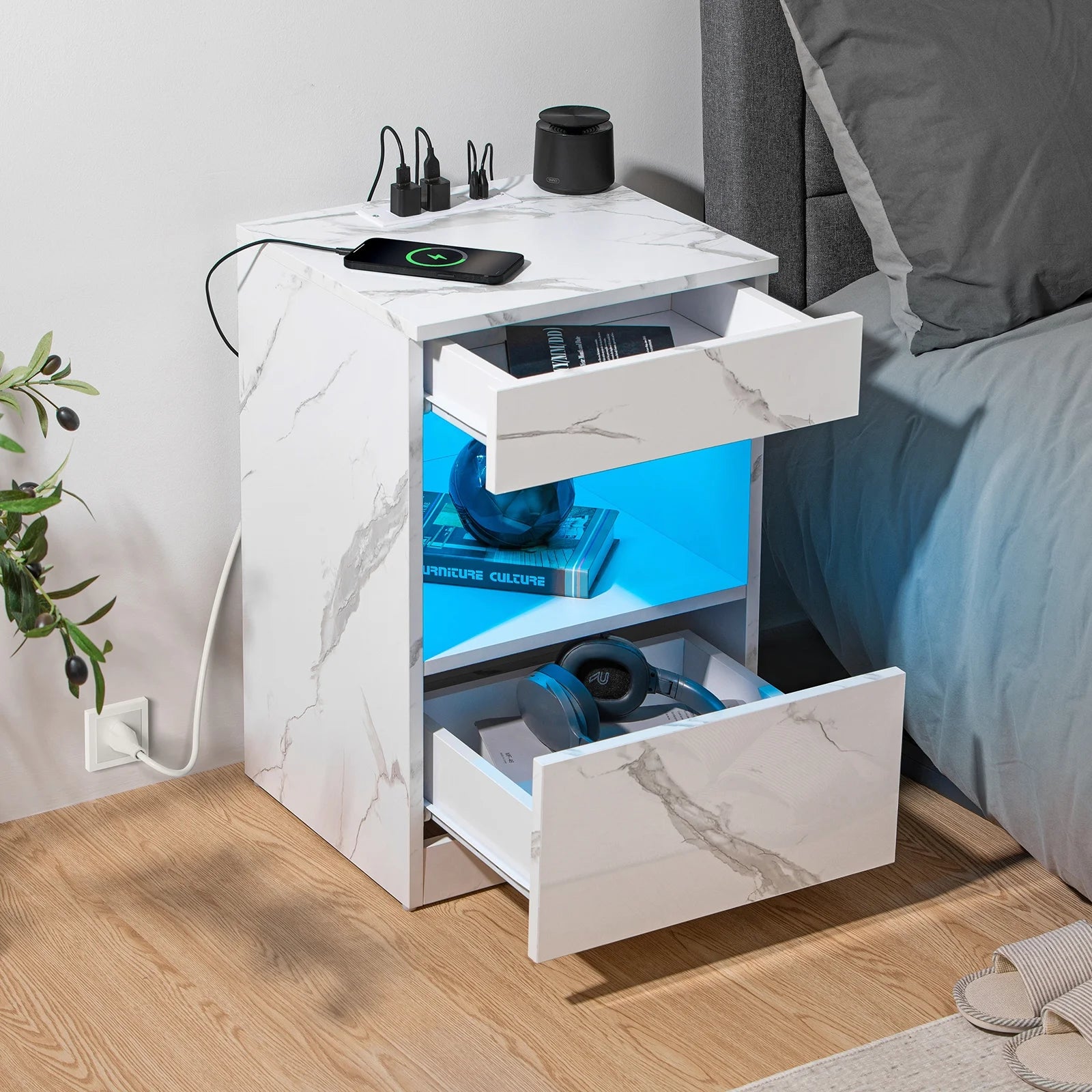 15" Minimalist Modern Nightstand w LED + Charging Station