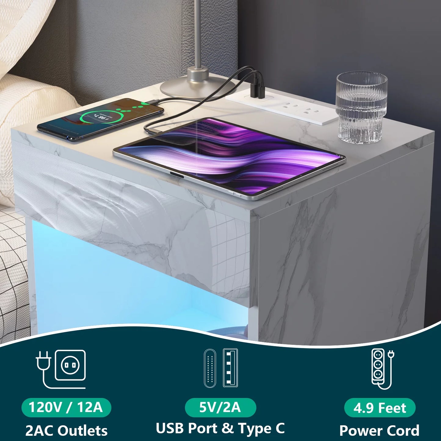 15" Minimalist Modern Nightstand w LED + Charging Station