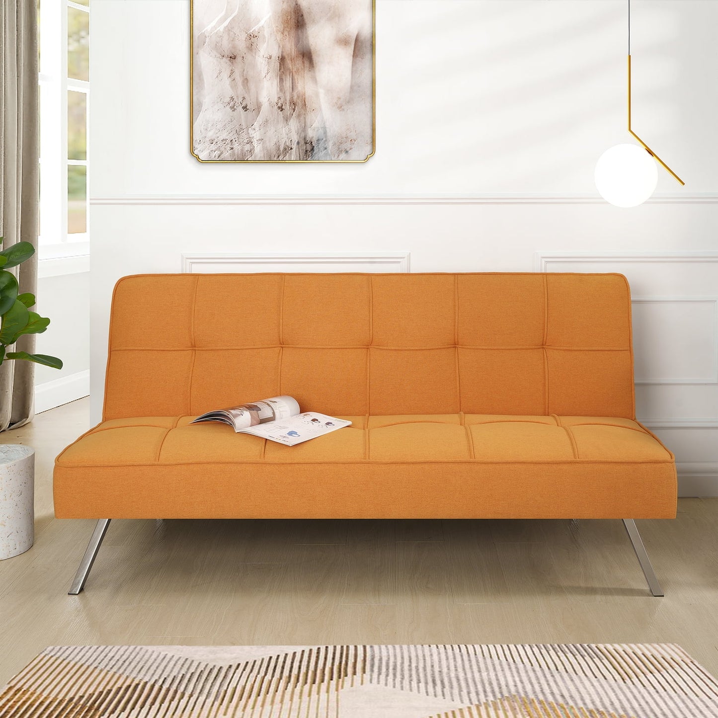 66" Tangerine Modern Convertible Linen Couch