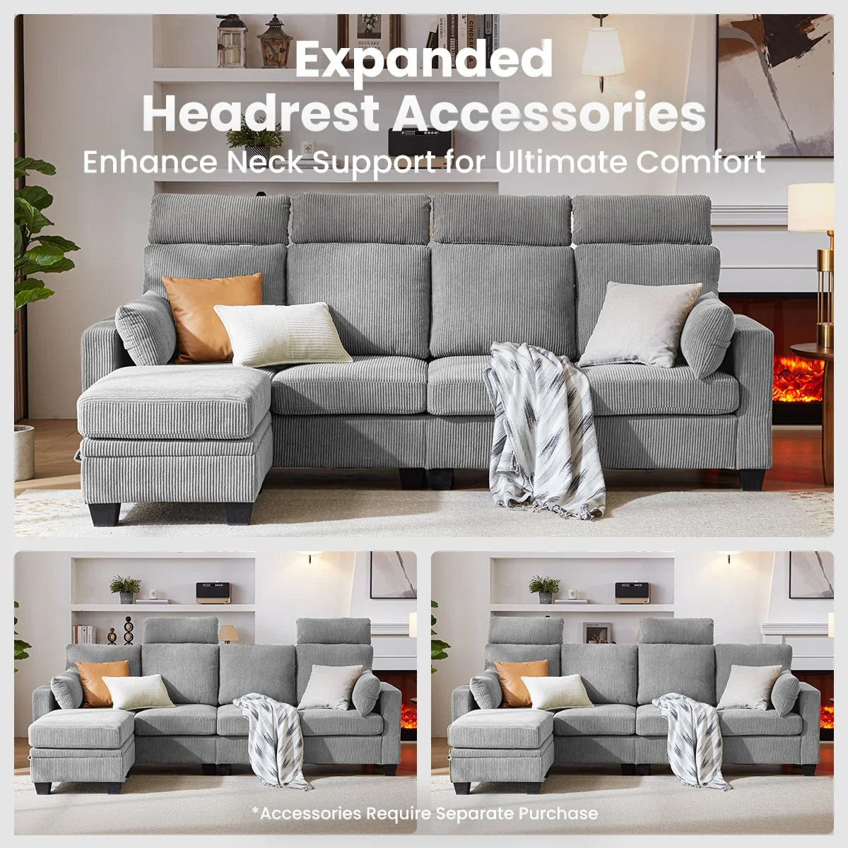 86" L-Shaped 4-Seat Corduroy Sectional Sofa