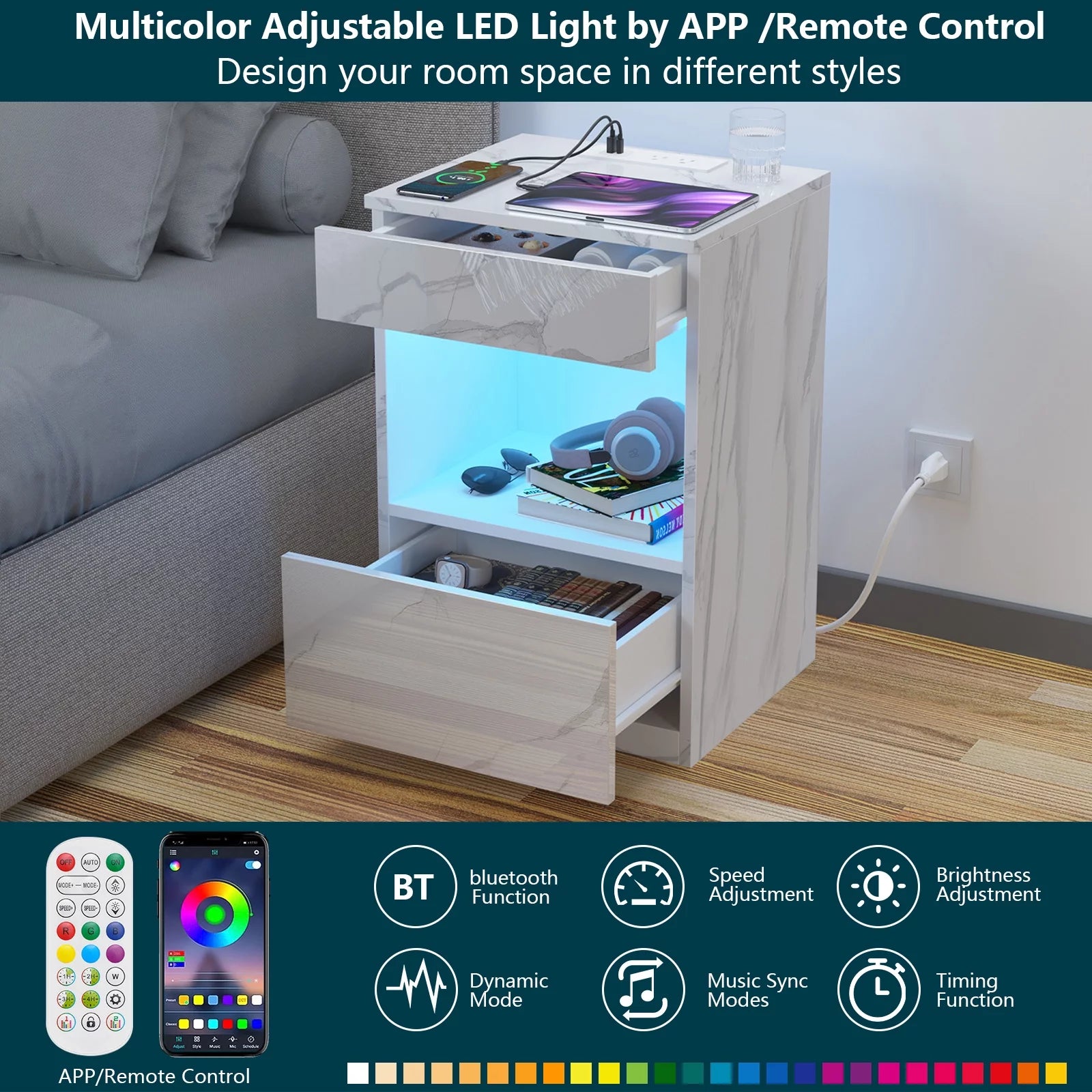 15" Minimalist Modern Nightstand w LED + Charging Station