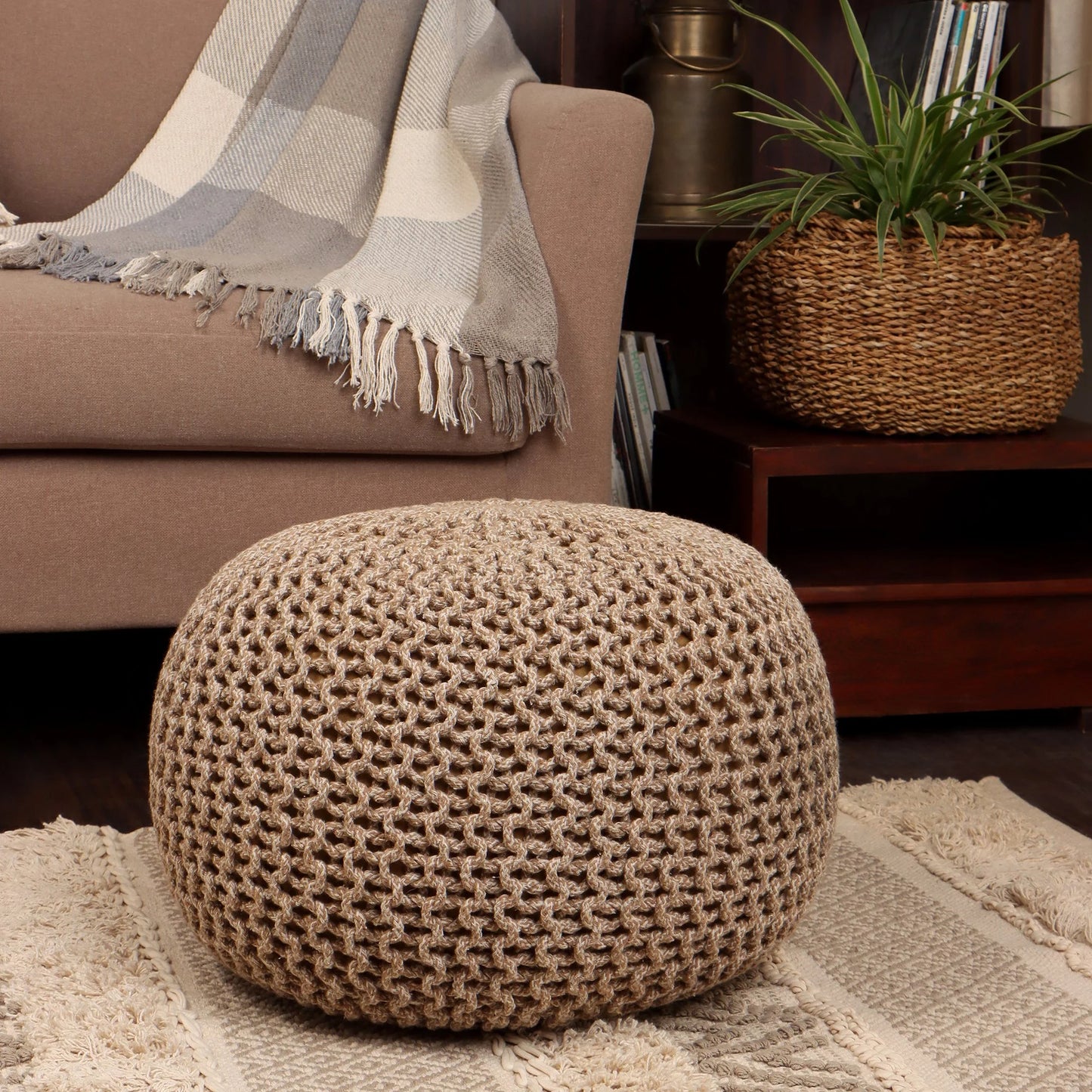 Hand-Knitted 100% Cotton Round Poof Ottoman