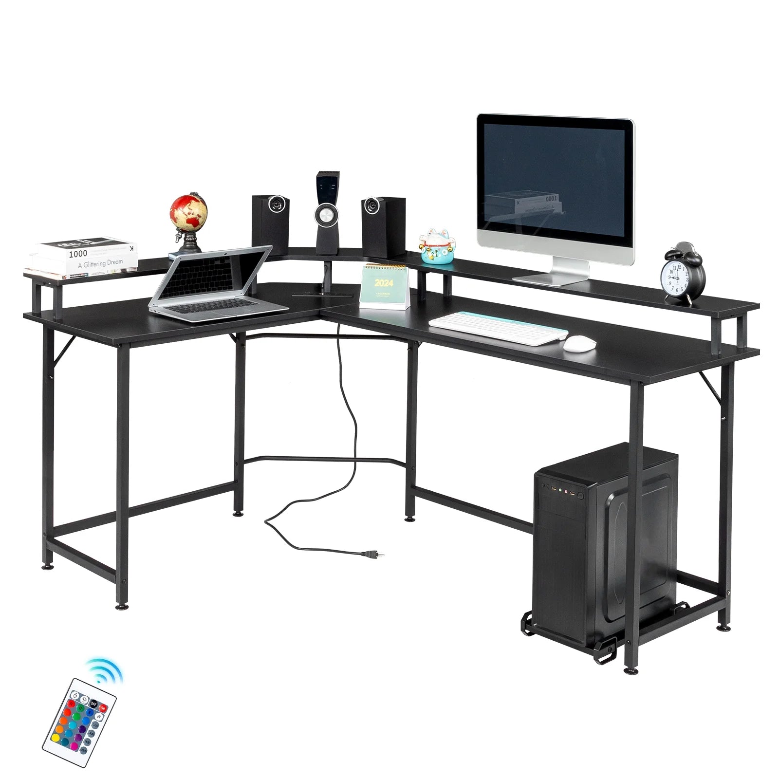 L-Shaped Versatile Desk w/ Wireless Charging & Power Outlet + LED