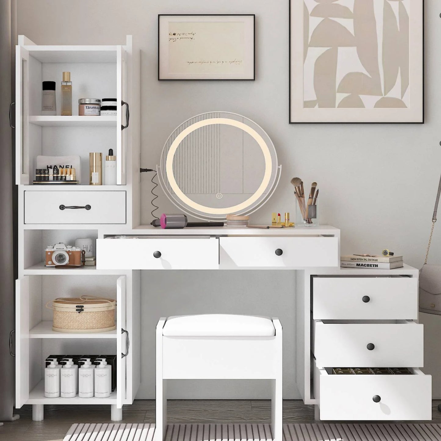 Luxury Living Vanity Desk w/ 3-Light Setting Mirror + Power Outlets