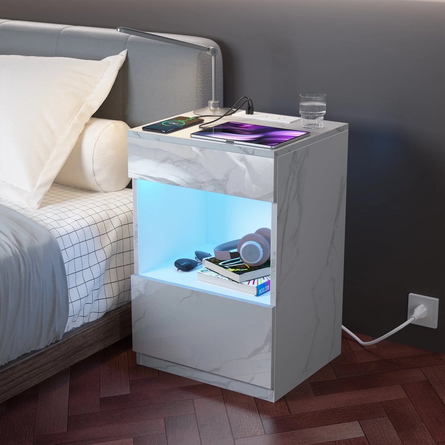 15" Minimalist Modern Nightstand w LED + Charging Station