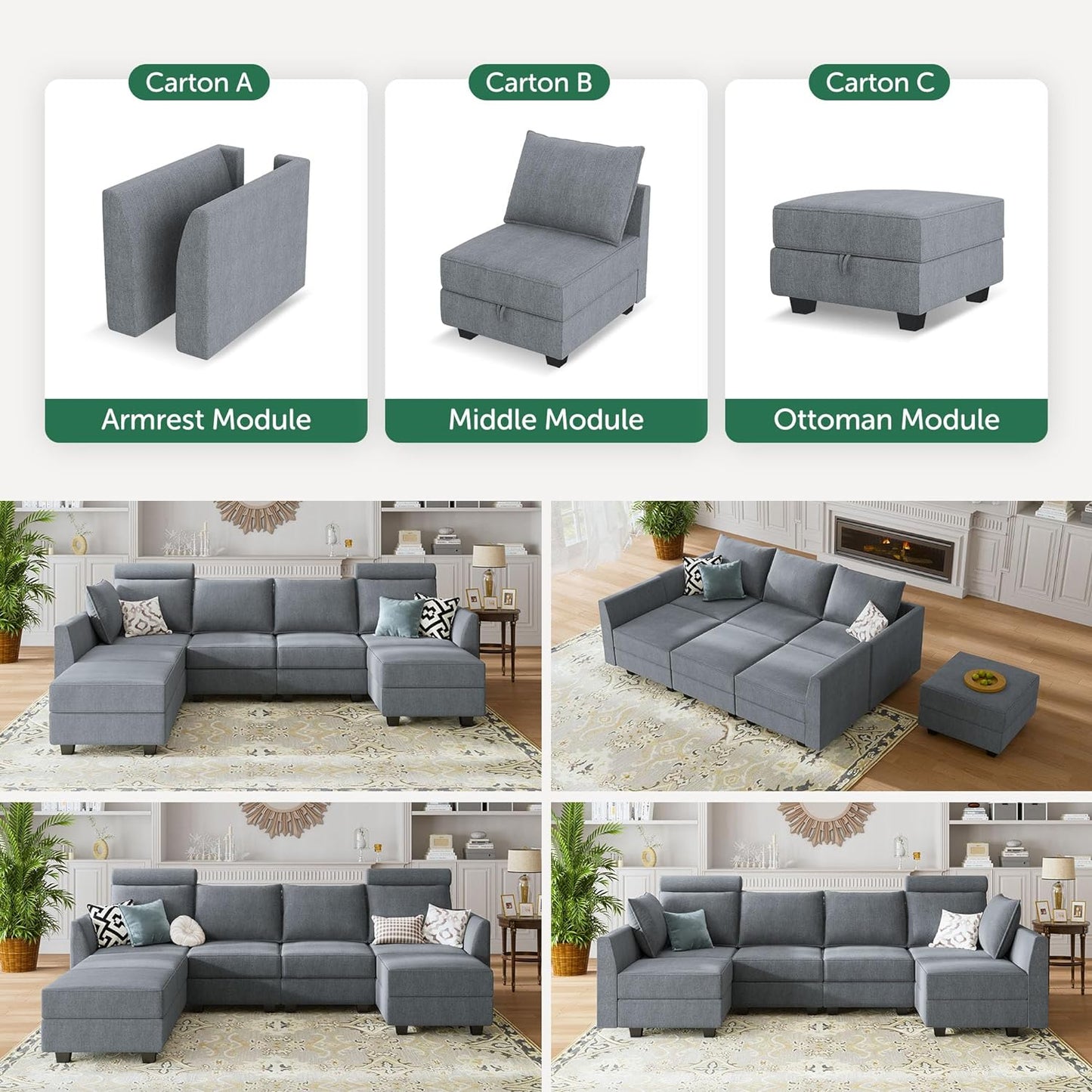 High-End U-Shaped Reversible Modular Couch w/ Storage