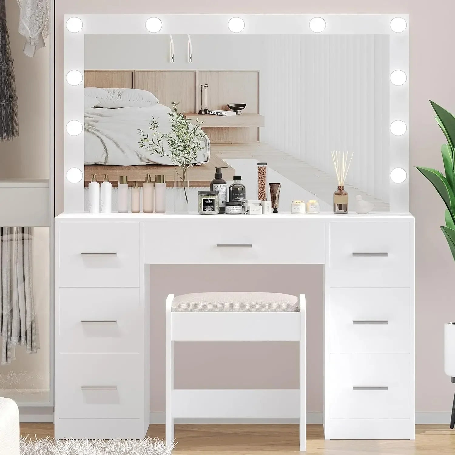 Minimalist Modern Vanity Desk w/ LED Mirror + Dresser