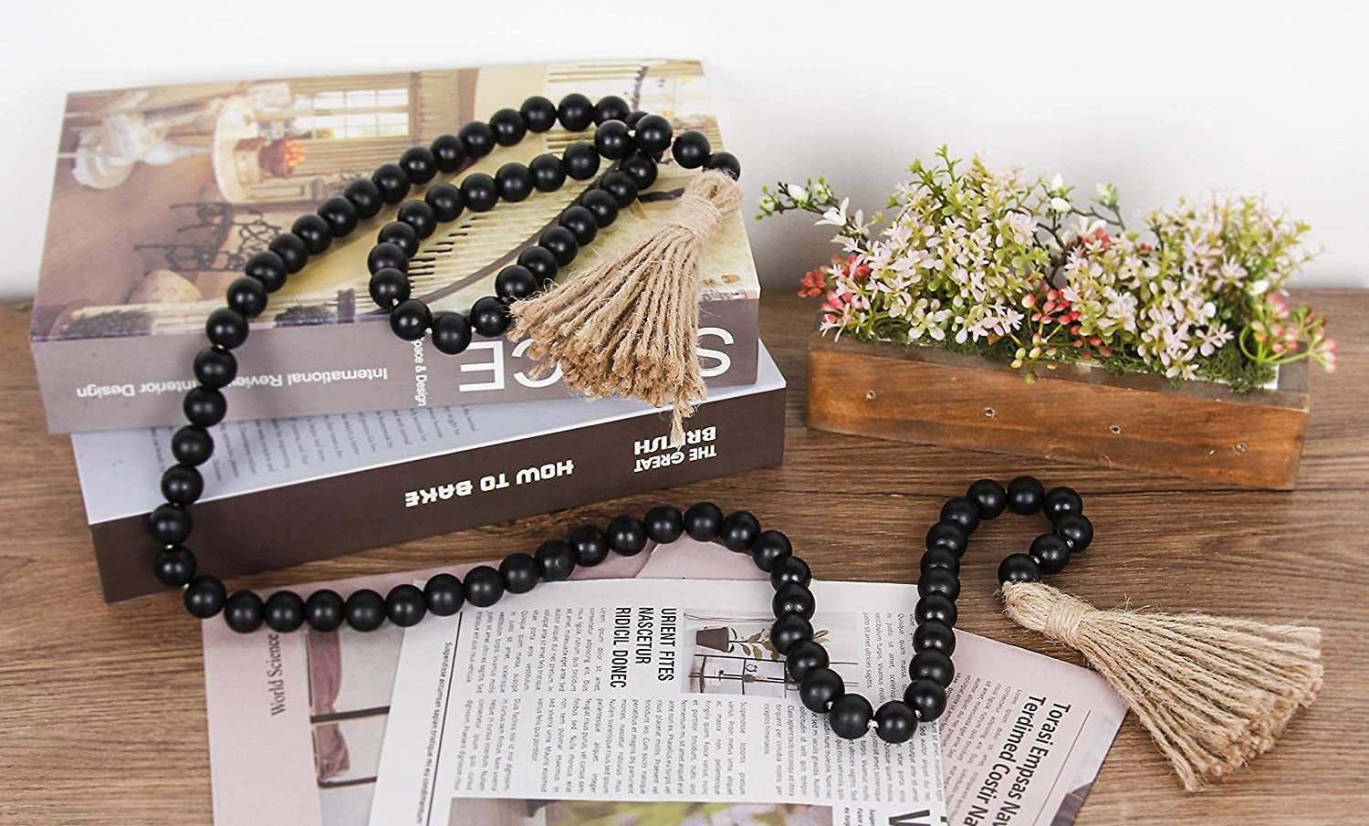 58" Natural Wood Beads Garland w/ Jute Tassel