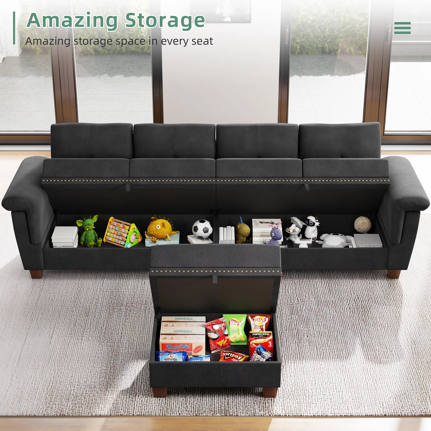 107" L-Shaped Modern Recliner Couch w/ Cup Holder & Storage