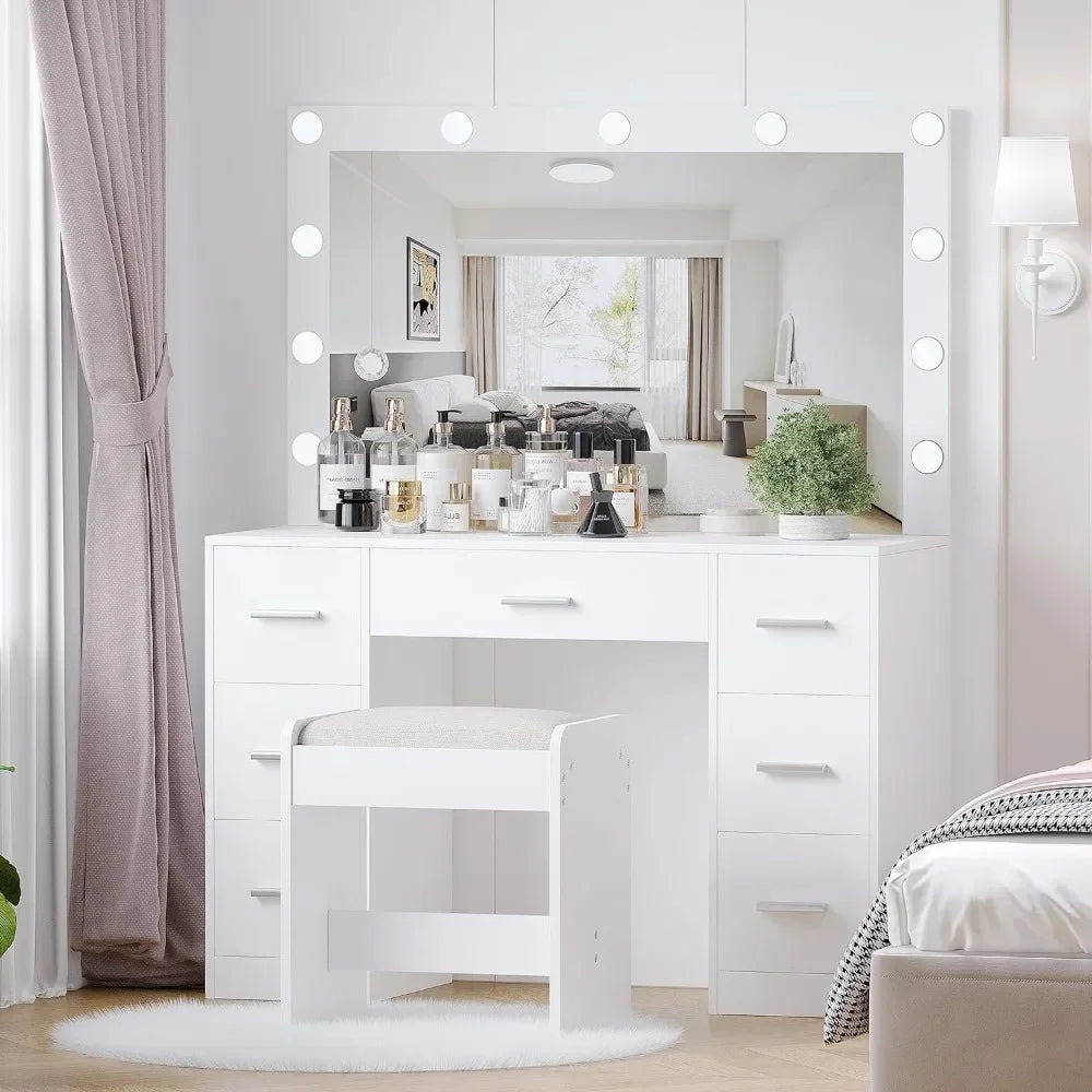 Minimalist Modern Vanity Desk w/ LED Mirror + Dresser