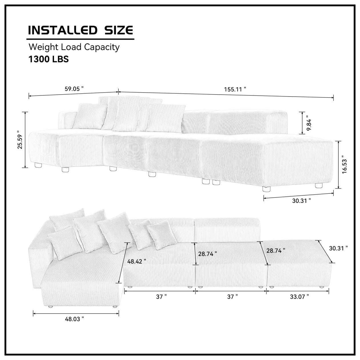 155" L-Shaped Classy Modern Couch 