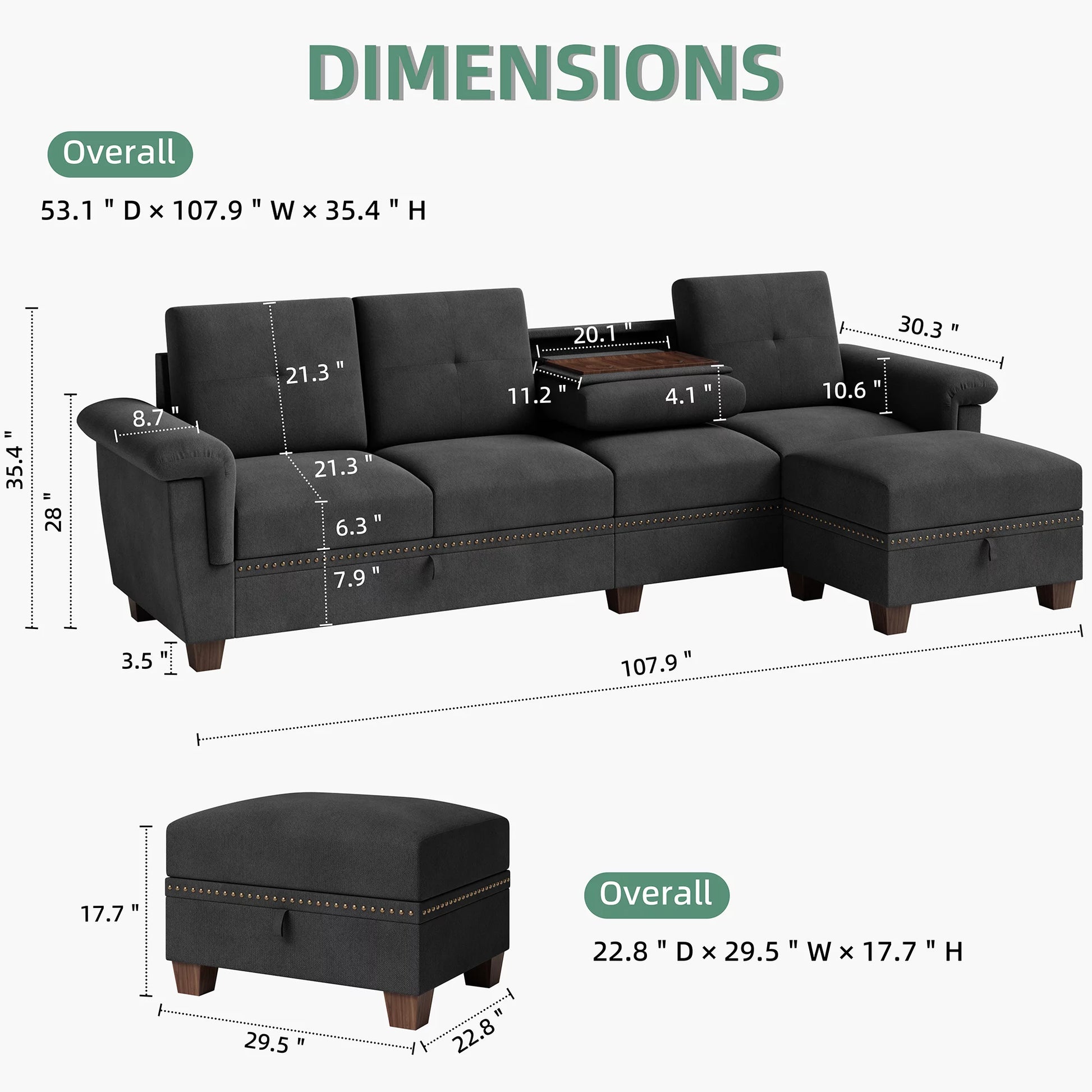 107" L-Shaped Modern Recliner Couch w/ Cup Holder & Storage