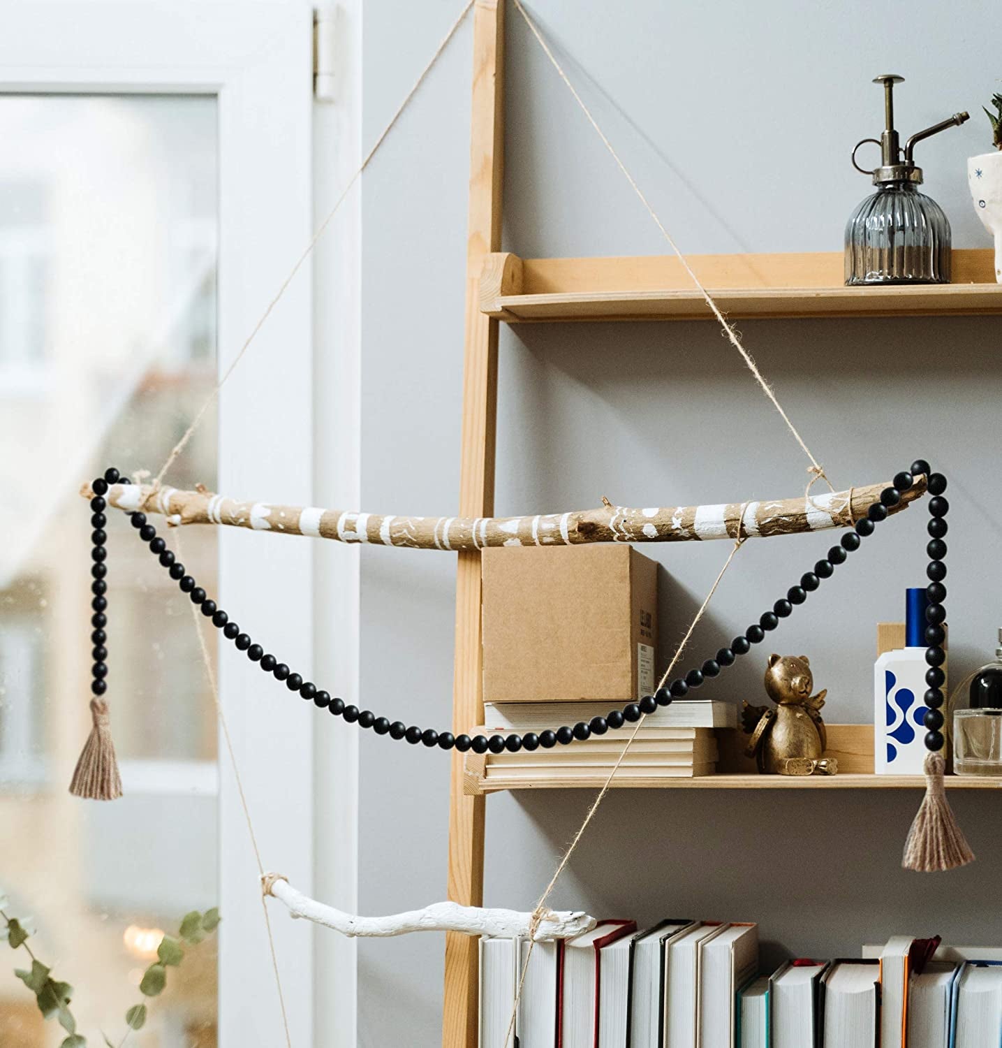 58" Natural Wood Beads Garland w/ Jute Tassel