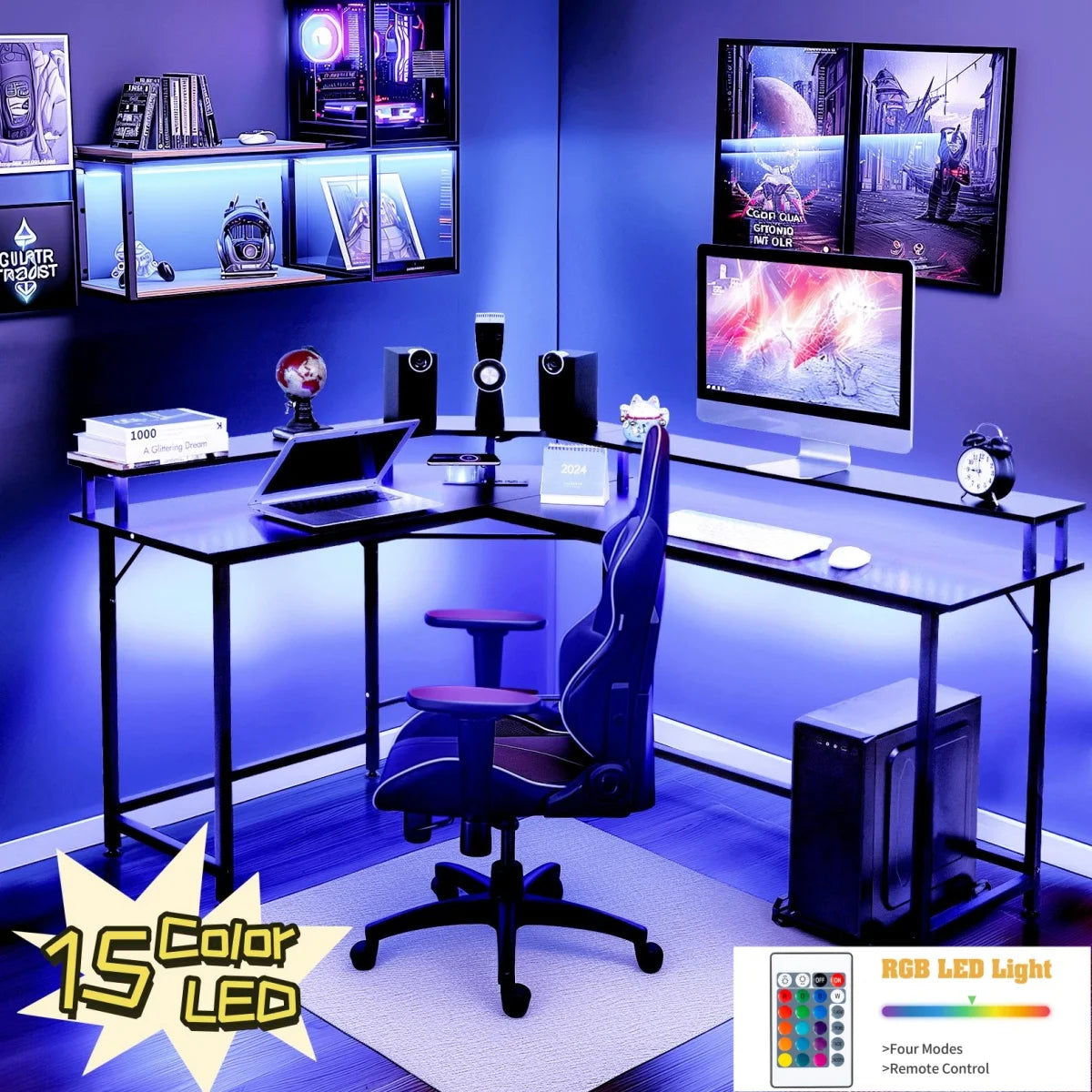 L-Shaped Versatile Desk w/ Wireless Charging & Power Outlet + LED