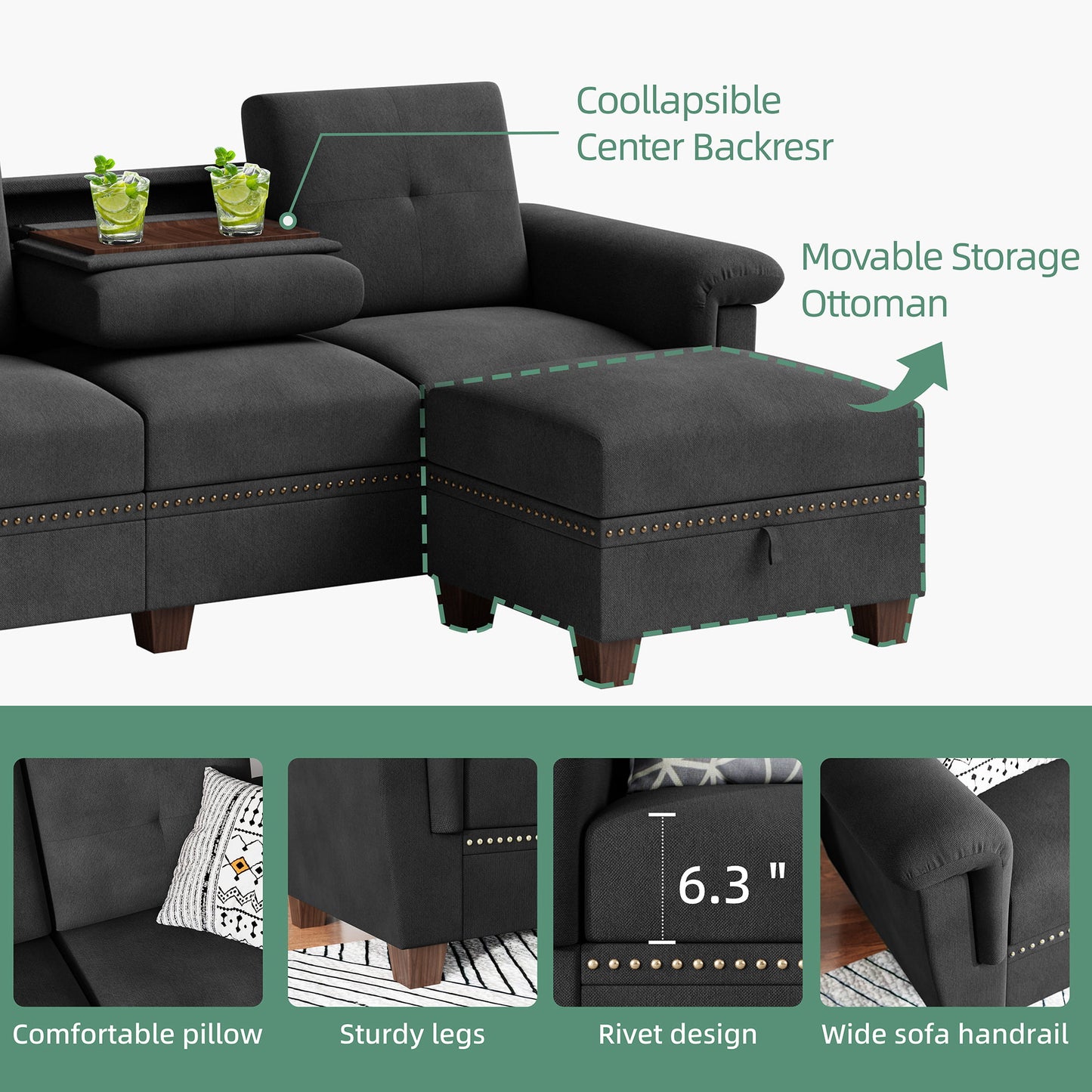 107" L-Shaped Modern Recliner Couch w/ Cup Holder & Storage