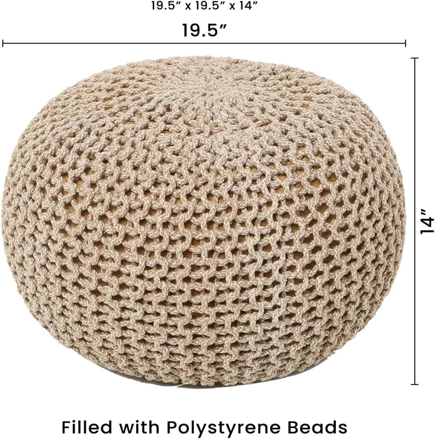 Hand-Knitted 100% Cotton Round Poof Ottoman