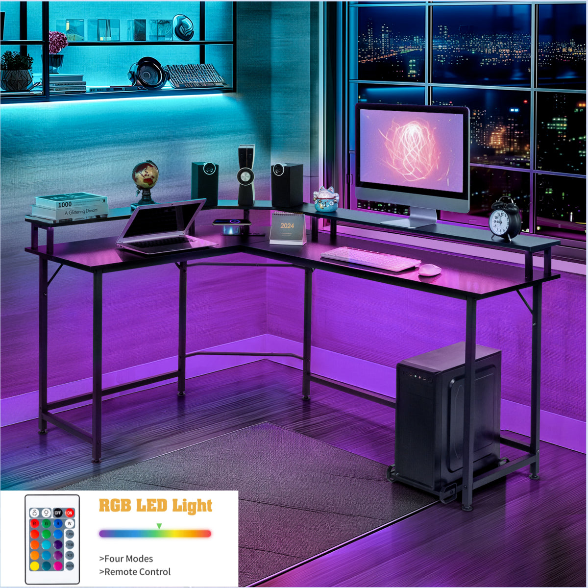 L-Shaped Versatile Desk w/ Wireless Charging & Power Outlet + LED